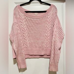 Garage Light Pink Cropped Off Shoulder Cable Knit Sweater‎